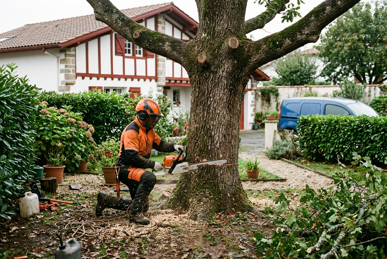 Arboriste démontant un arbre près du centre de Bayonne