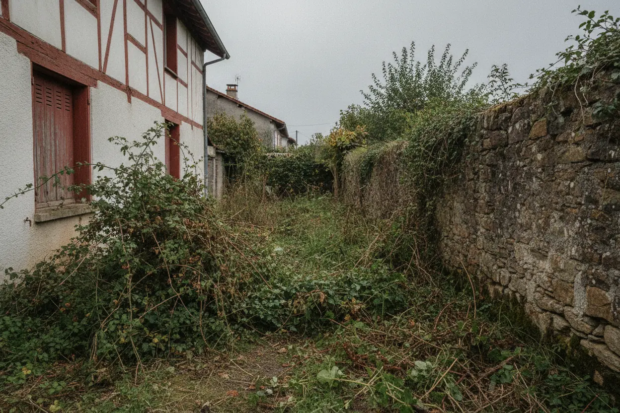 Passage étroit embroussaillé entre mur et façade avant débroussaillage à Bayonne