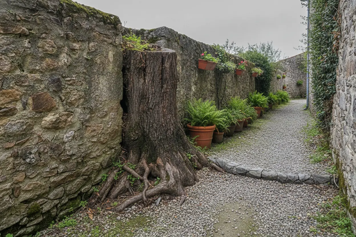 Souche coincée contre un mur de pierre le long d'une allée gravier étroite avant dessouchage à Bayonne
