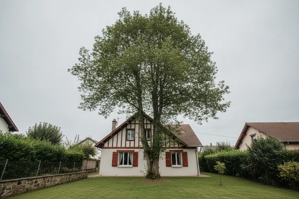 Grand arbre dominant une maison à colombages avant démontage par un élagueur grimpeur à Bayonne
