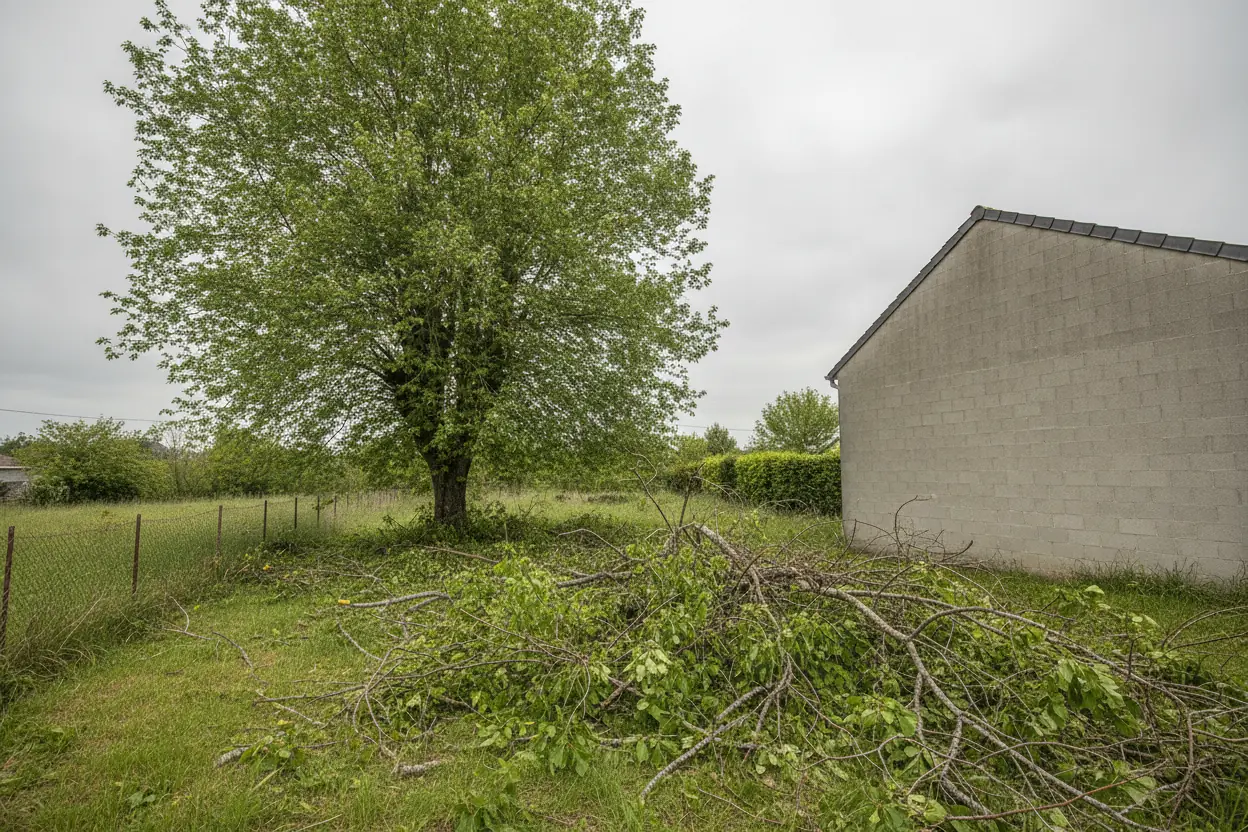 Grand arbre et branchages au sol le long d'un bâtiment en parpaing avant démontage à Bayonne