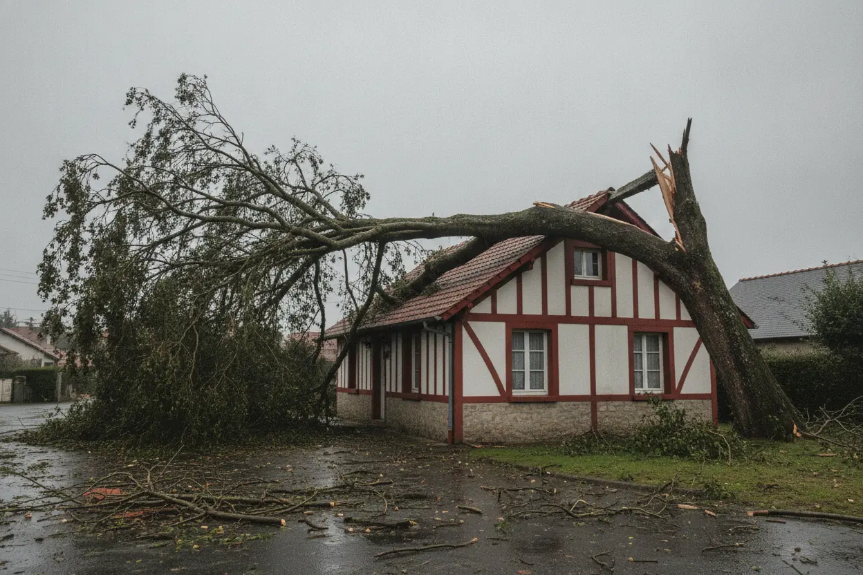 Arbre fendu couché sur la toiture d'une maison basque à colombages avant intervention d'urgence à Bayonne
