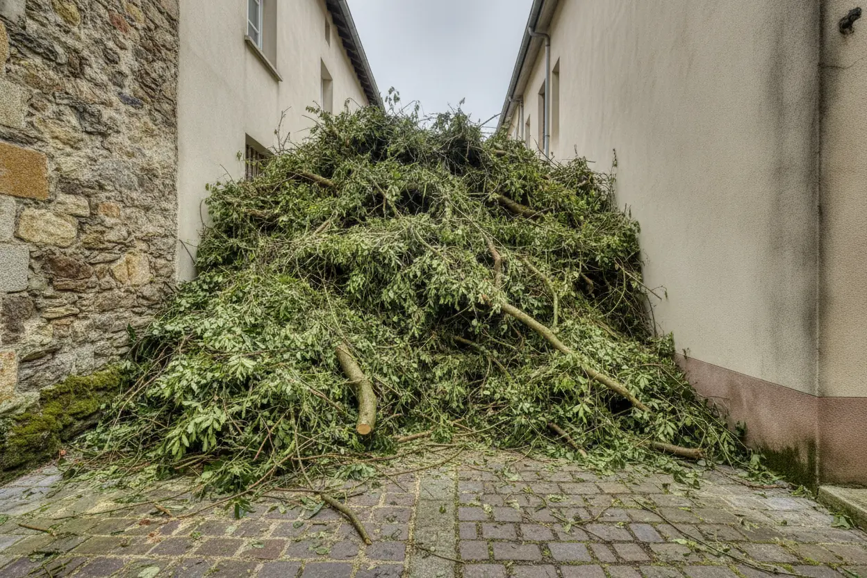 Amas de déchets verts bloquant un passage pavé étroit entre deux bâtiments à Bayonne