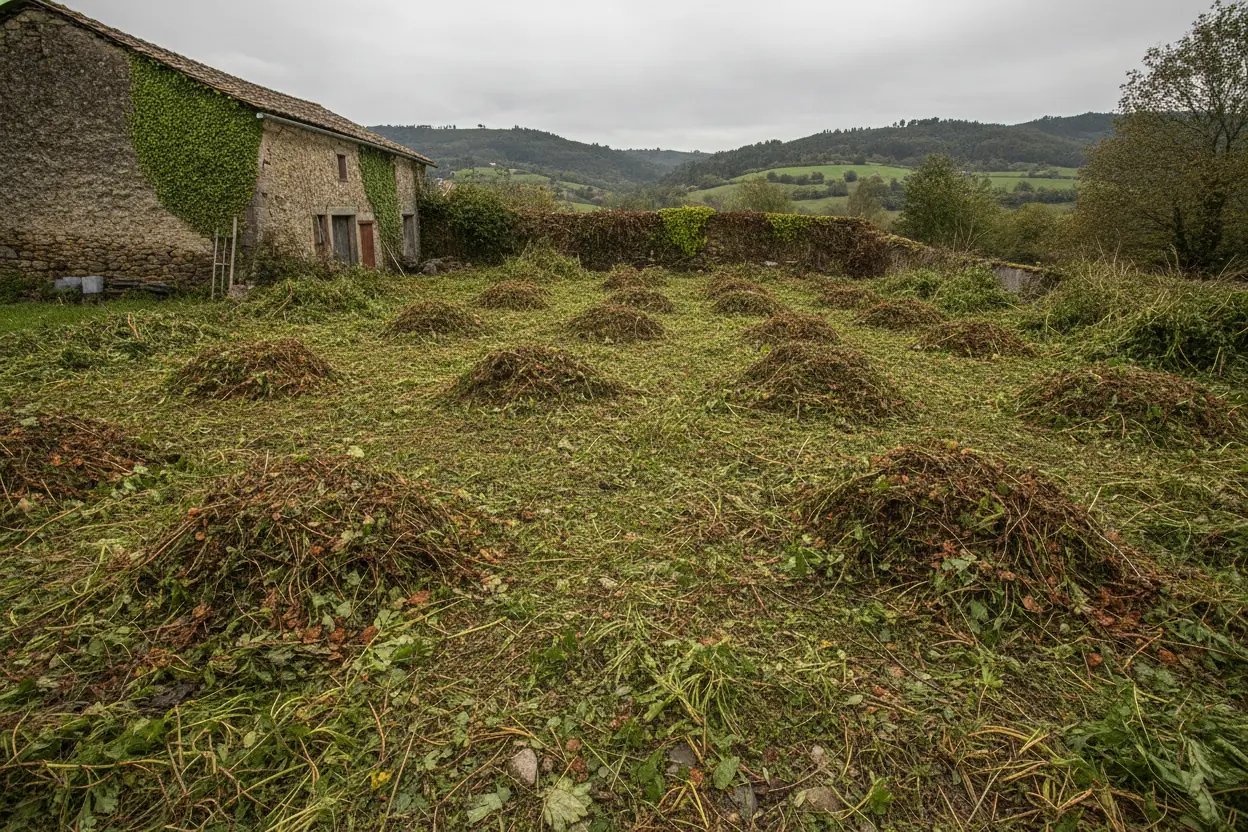 Grand terrain couvert de déchets verts et de feuilles en tas avant évacuation près de Bayonne