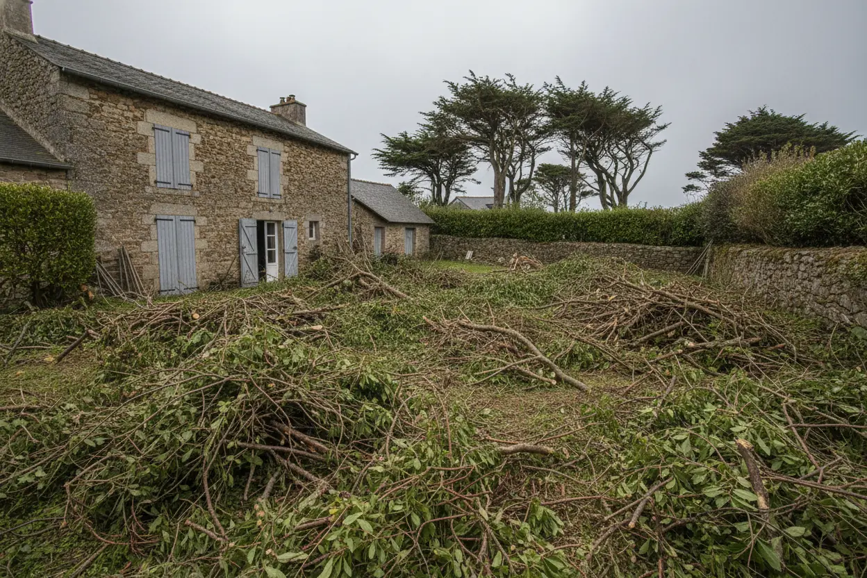 Terrain encombré de branchages et déchets verts avant nettoyage à Anglet