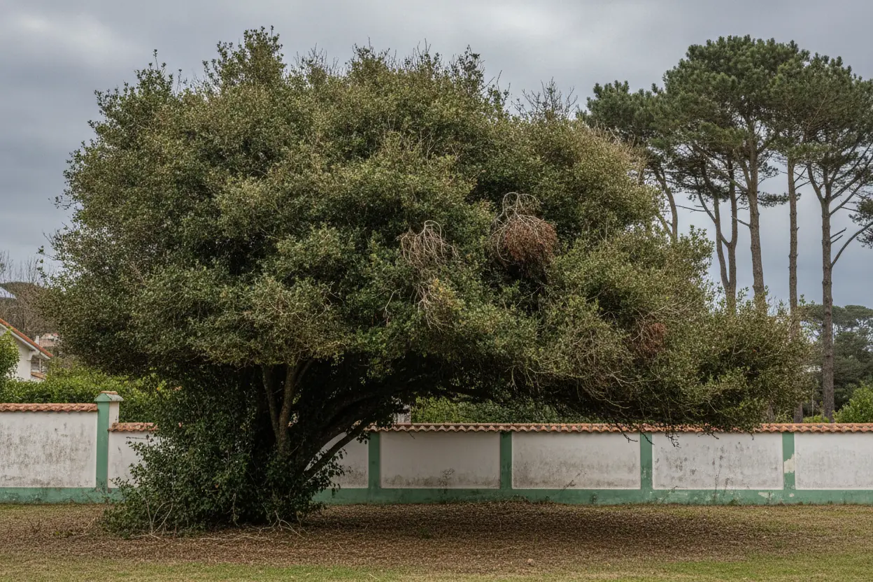 Arbre de jardin au houppier dense et bois mort avant élagage à Biarritz