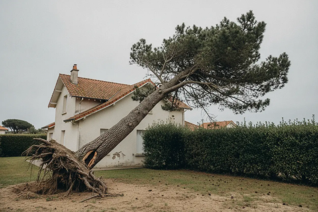 Pin maritime penché et déraciné menaçant une villa à Biarritz avant abattage
