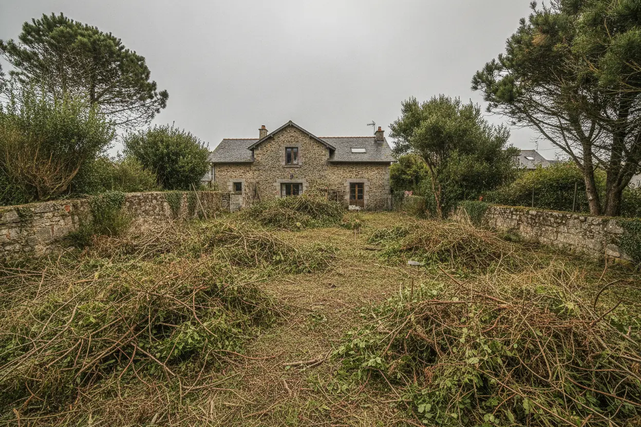 Terrain de jardin encombré de branchages et déchets verts à Biarritz avant nettoyage