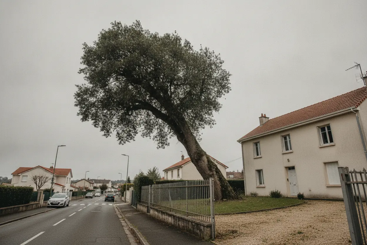 Grand arbre penché et dangereux vers une maison avant abattage à Boucau