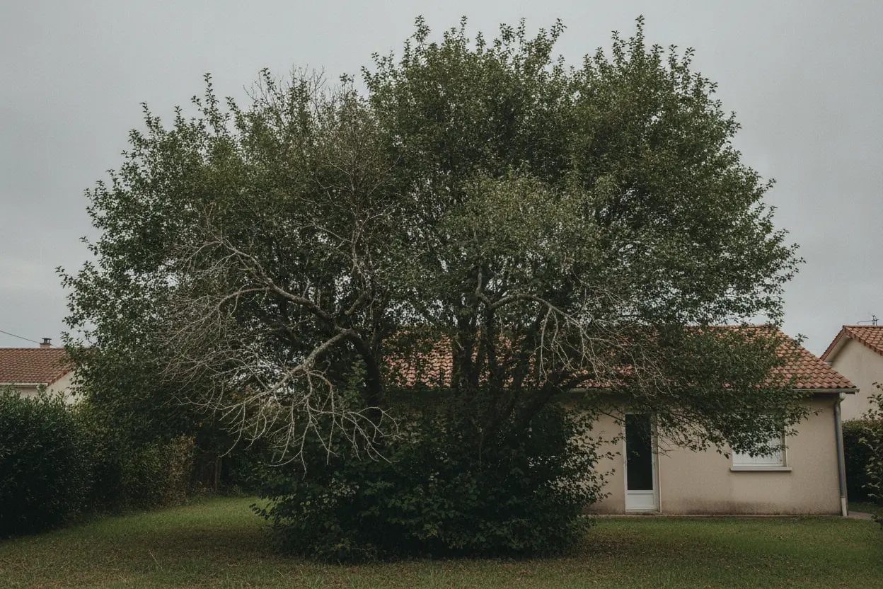 Arbre au houppier dense et encombré de bois mort avant élagage à Saint-Pierre-d'Irube