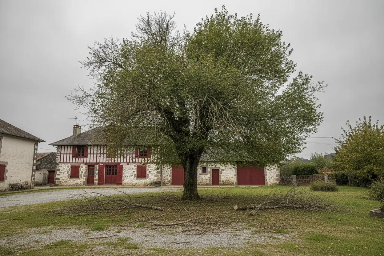 Grand arbre au houppier encombré et bois mort avant taille sanitaire devant une ferme basque à Villefranque