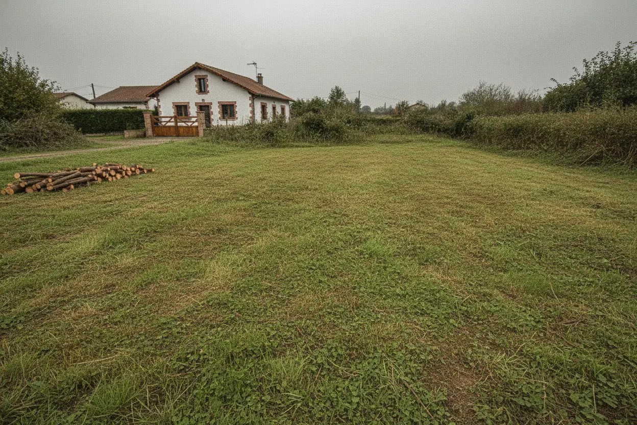 Terrain nettoyé et tondu avec déchets verts évacués après chantier à Villefranque