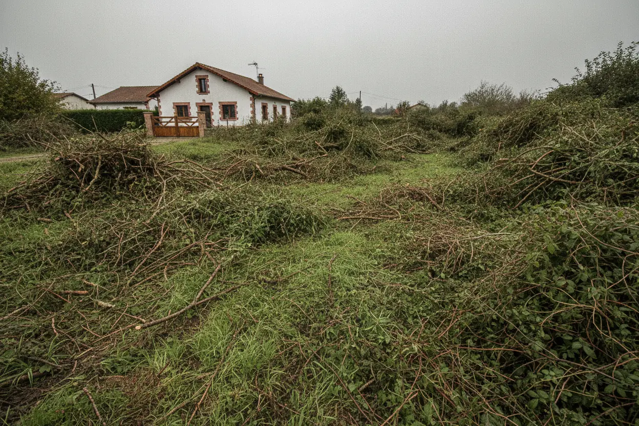 Terrain de campagne encombré de branchages et déchets verts avant nettoyage à Villefranque